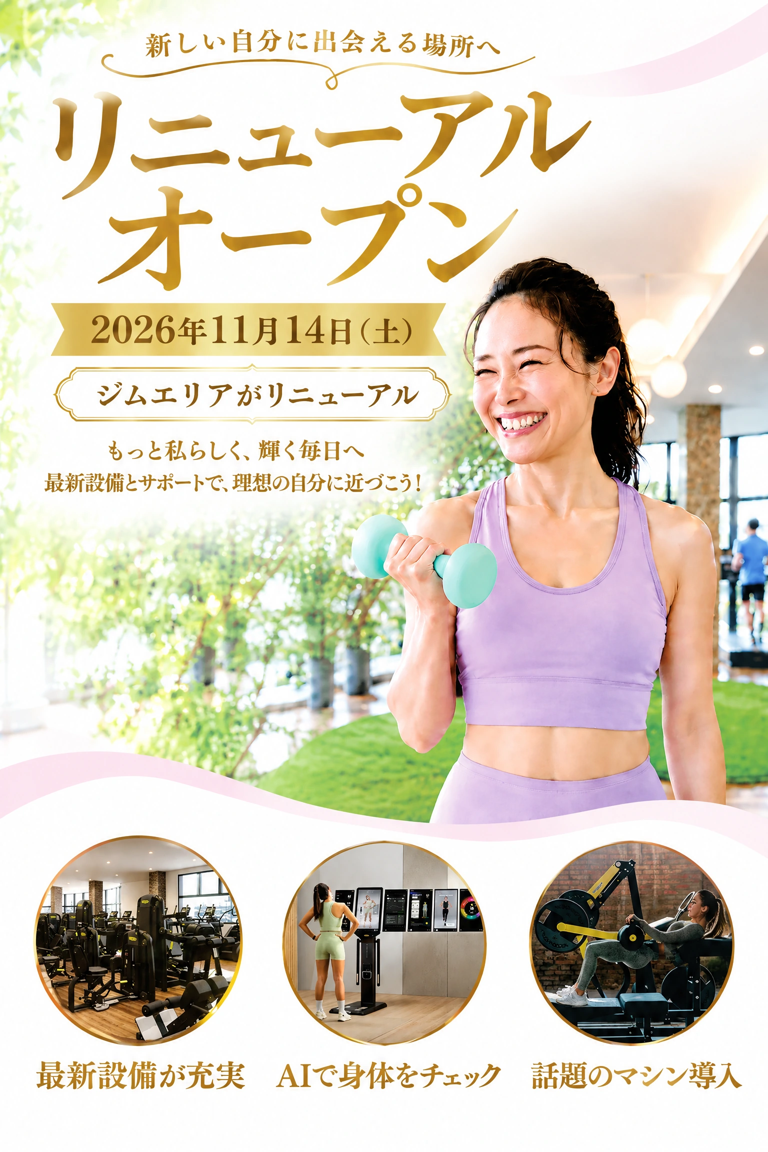 新しい自分に出会える場所へ。リニューアルオープン。2026年11月14日(土)、ジムエリアがリニューアル。もっと私らしく、輝く毎日へ。最新設備とサポートで、理想の自分に近づこう!最新設備が充実、AIで身体をチェック、話題のマシン導入。
